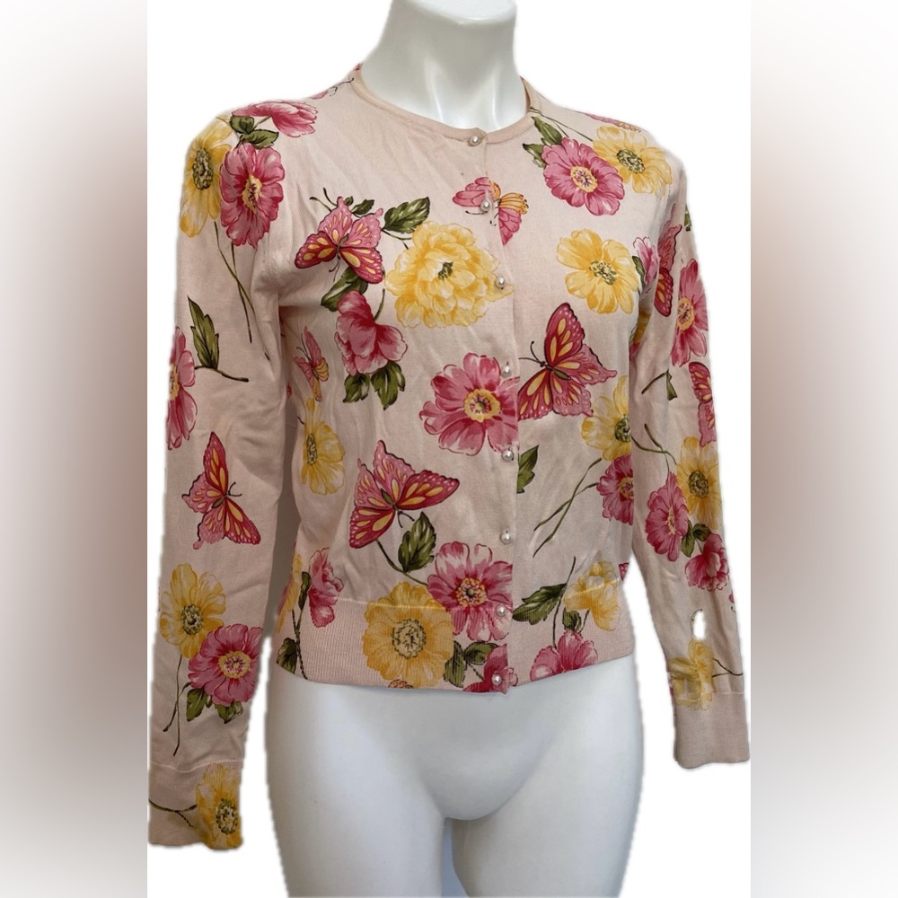 VINTAGE GIORGIO ARMANI BUTTON FLORAL RETRO FAUX PEARL BUTTERFLY LAYER CARDIGAN